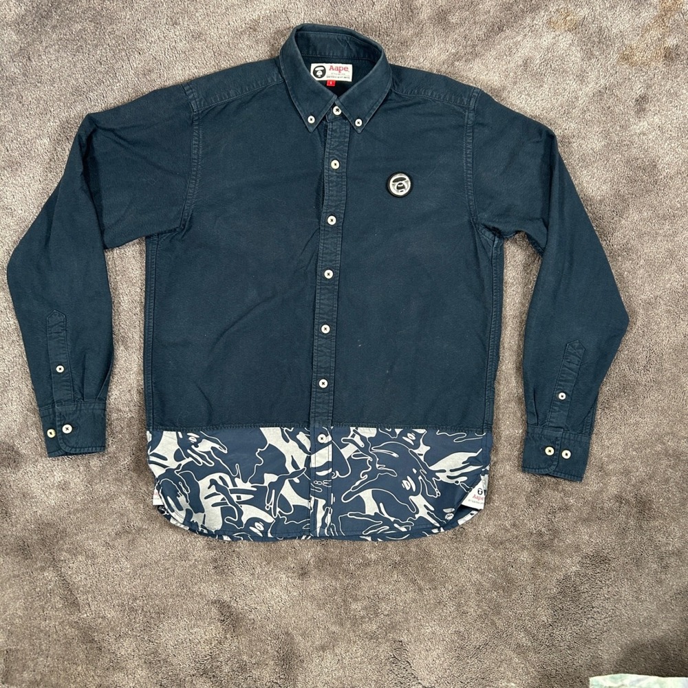 Aape women’s Small Navy camo Button Down Shirt Colorblock Long Sleeve Streetwear